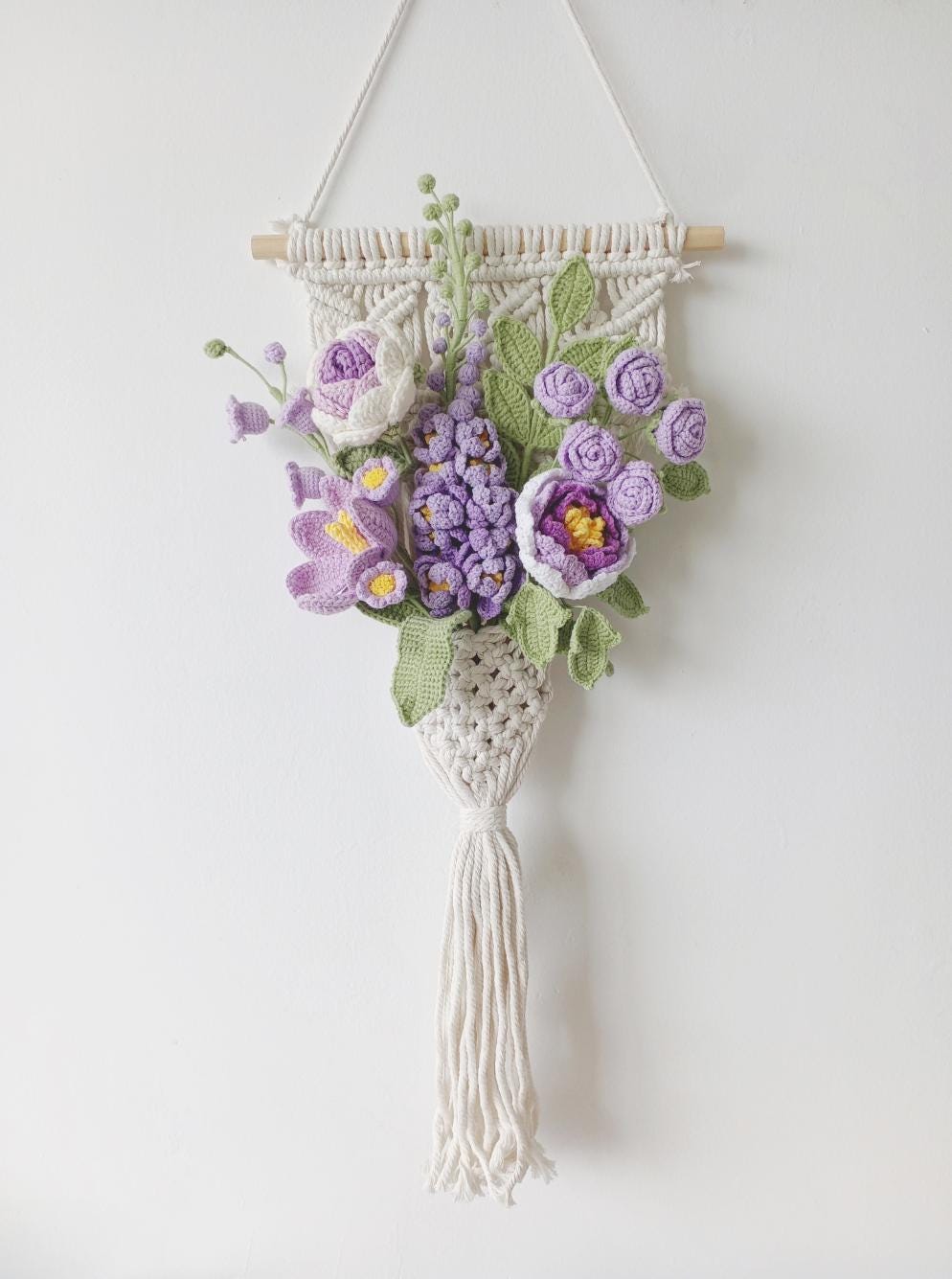 Macrame Wall Hanging with Crochet Flower Bouquet - Boho Floral Decor