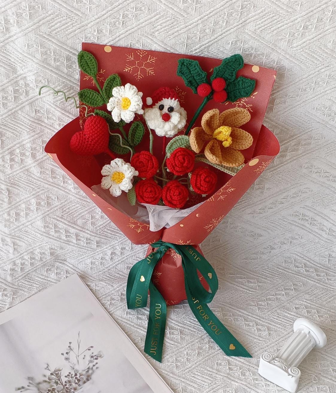 Handmade Crochet Christmas Bouquet, Poinsettia, Tree, Santa