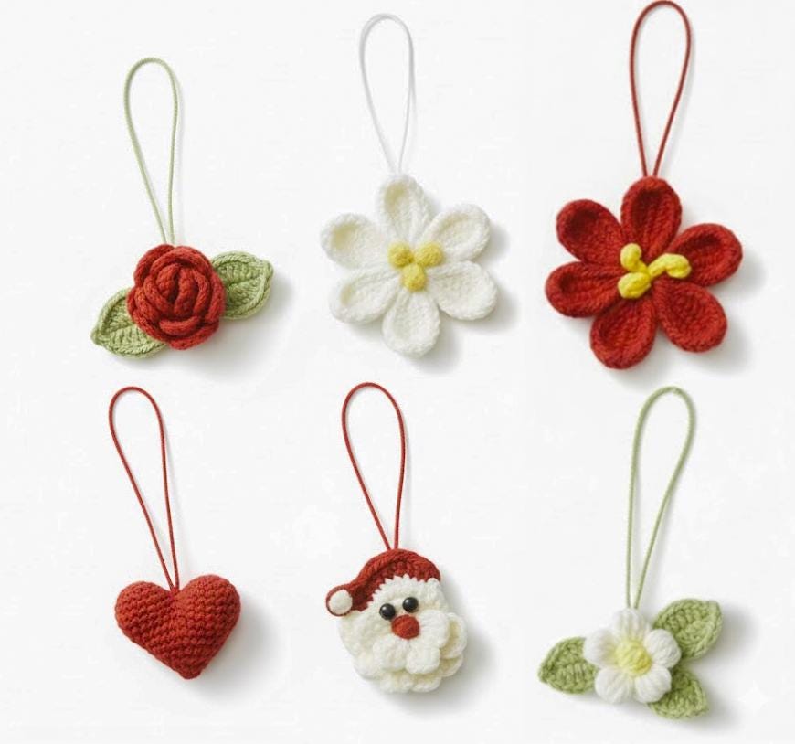 Handmade Crocheted Christmas Ornaments Set: Heart, Rose, Santa