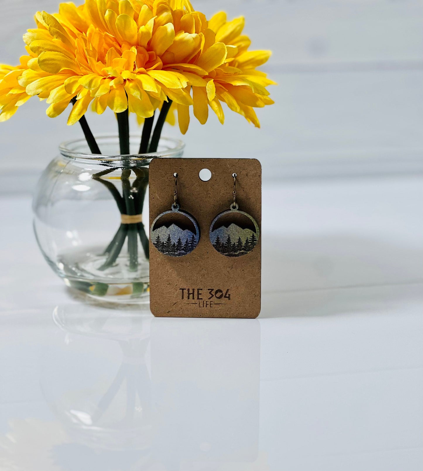 Hand-Painted Mountain Sunset Earrings: Rustic Wood Drop Dangle Jewelry