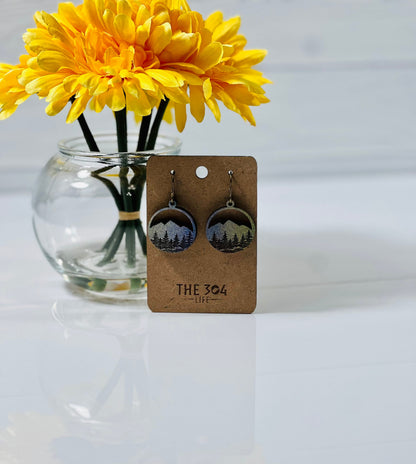 Hand-Painted Mountain Sunset Earrings: Rustic Wood Drop Dangle Jewelry