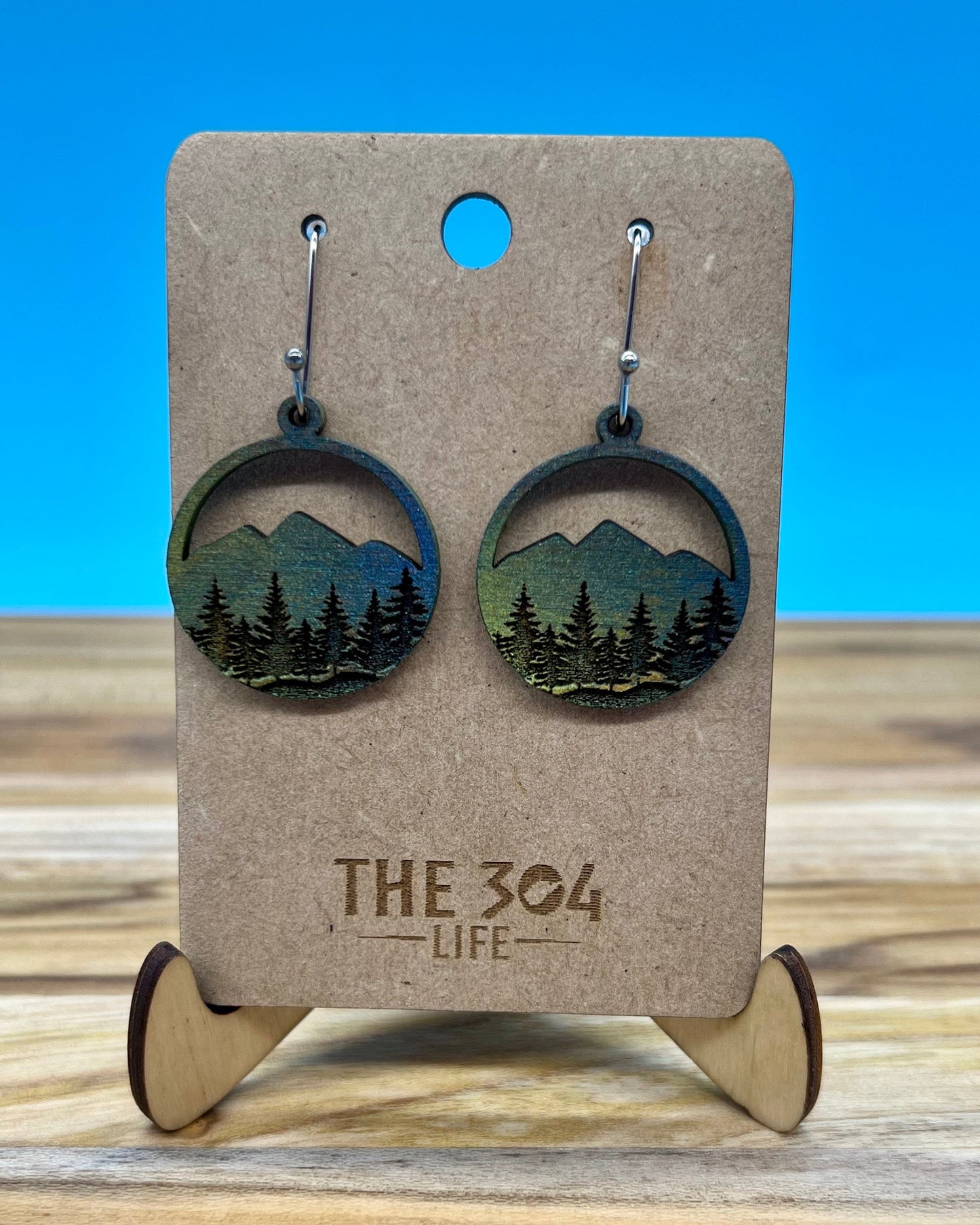 Hand-Painted Mountain Sunset Earrings: Rustic Wood Drop Dangle Jewelry