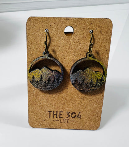 Hand-Painted Mountain Sunset Earrings: Rustic Wood Drop Dangle Jewelry