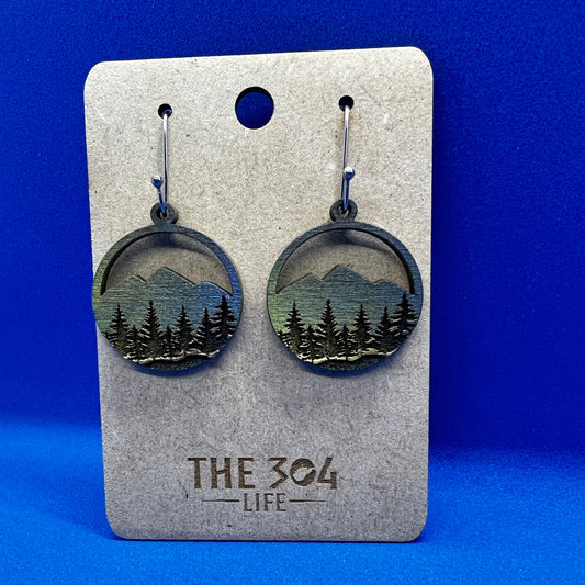 Hand-Painted Mountain Sunset Earrings: Rustic Wood Drop Dangle Jewelry