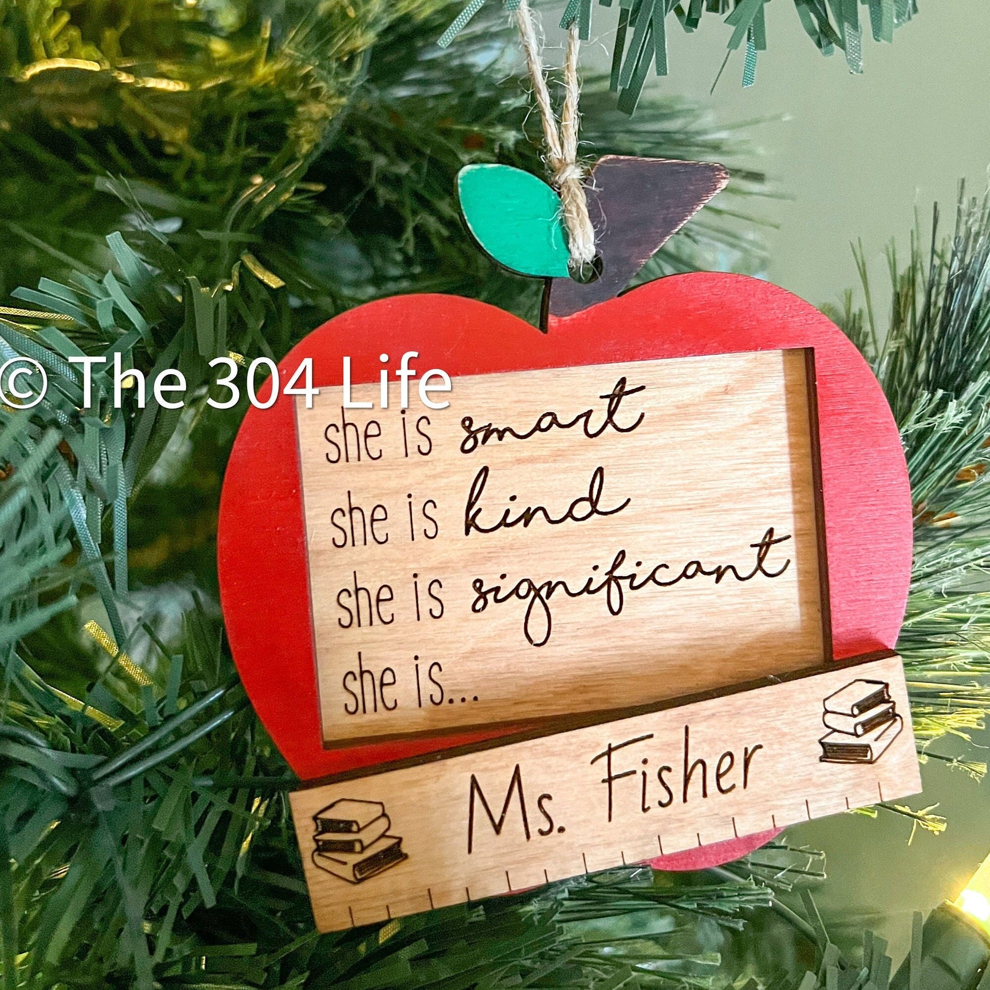 Personalized Teacher Ornament: Engraved Apple, Custom Wood Gift
