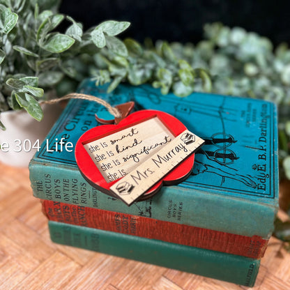 Personalized Teacher Ornament: Engraved Apple, Custom Wood Gift