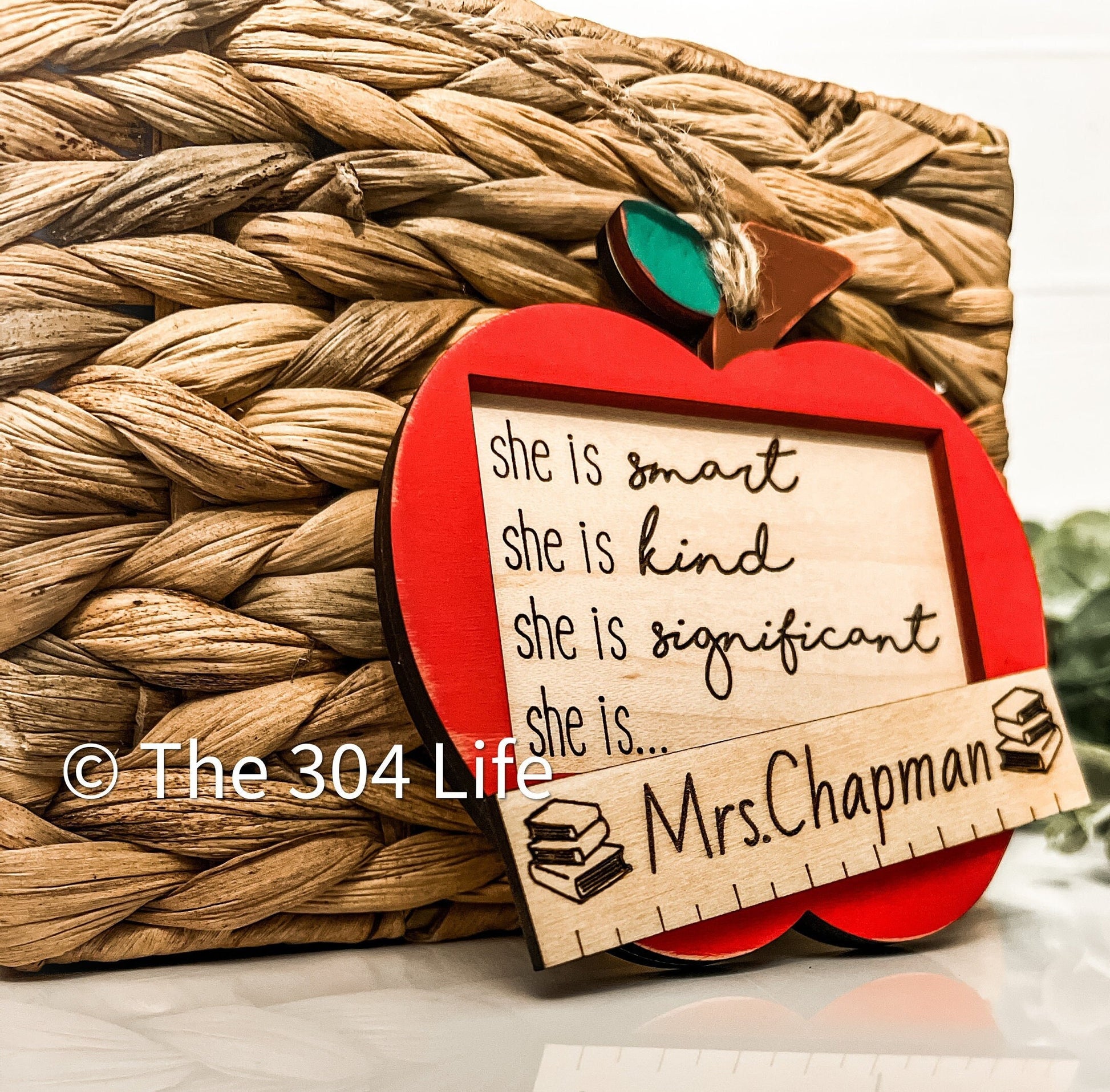 Personalized Teacher Ornament: Engraved Apple, Custom Wood Gift