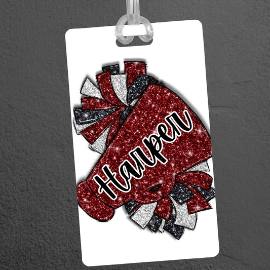 Personalized Cheer Bag Tag Custom Cheerleader Name Badge Glitter Megaphone Backpack Charm Cheerleading Gift for Girls Sports ID