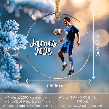 Boy Soccer Ornament Personalized Kids Photo Soccer Keepsake Gift Christmas Decoration Yearly Milestone Soccer Mom Dad Grandparent Gift