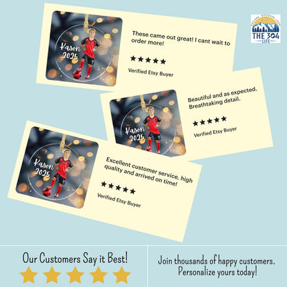 Boy Soccer Ornament Personalized Kids Photo Soccer Keepsake Gift Christmas Decoration Yearly Milestone Soccer Mom Dad Grandparent Gift