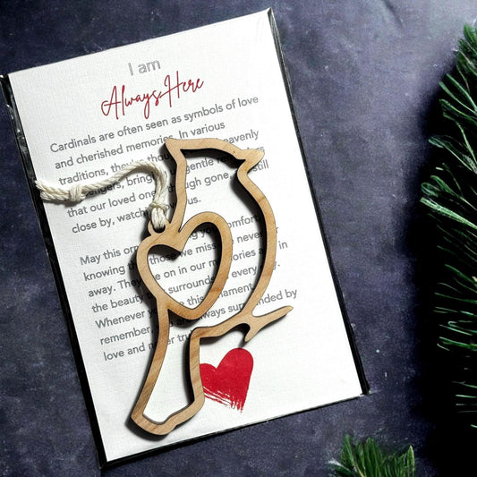 Handcrafted Wooden Cardinal Ornament: Memorial Gift with Inspirational Message
