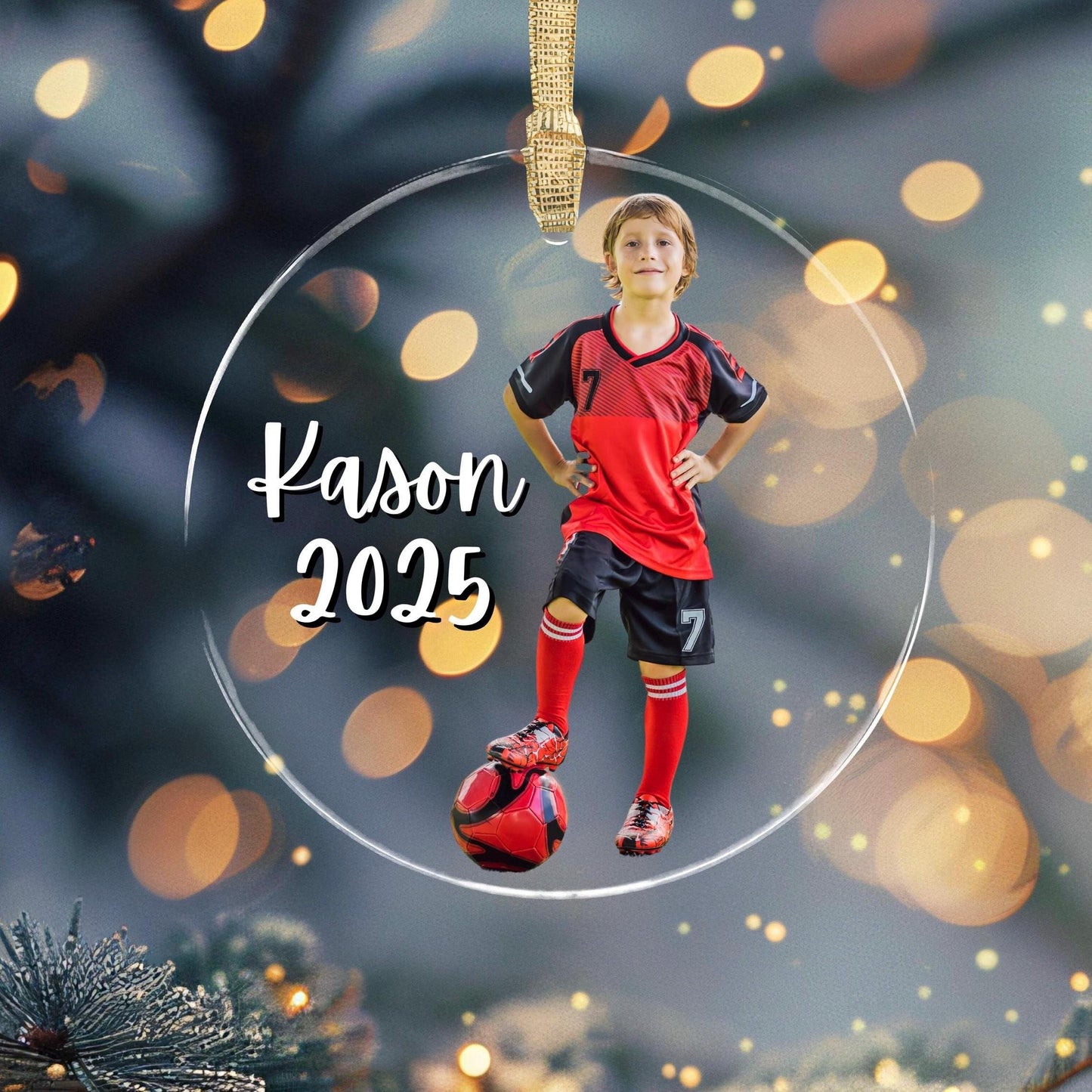 Boy Soccer Ornament Personalized Kids Photo Soccer Keepsake Gift Christmas Decoration Yearly Milestone Soccer Mom Dad Grandparent Gift