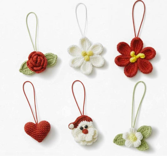 Handmade Crocheted Christmas Ornaments Set: Heart, Rose, Santa